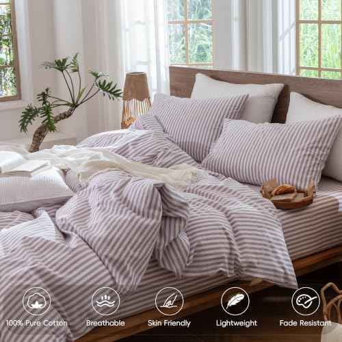 MooMee Striped Duvet Cover Set 100% Washed Cotton Linen Like King