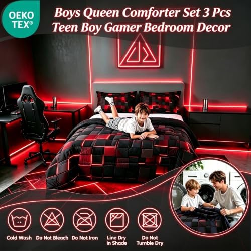 Erosebridal Black and Red Comforter Set Queen Neon Geometric Checkered Bedding Set Gamer Room Decor for Boys,Abstract Grids Quilt Comforter for Kids Teen Men Plaid Check Bed Set 3 Pcs