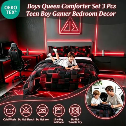 Erosebridal Black and Red Comforter Set Queen Neon Geometric Checkered Bedding Set Gamer Room Decor for Boys,Abstract Grids Quilt Comforter for Kids Teen Men Plaid Check Bed Set 3 Pcs