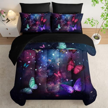 7Pcs Animals Comforter Set Purple Blue Dreamy Butterfly Printed Bedding Set with 1 Comforter, 1 Flat Sheet, 1 Fitted Sheet and 4 Pillowcases for Boys and Girls Bedroom (Queen