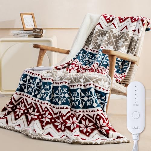 Reaks Heated Throw Blanket, 5 Heat Levels, 3 Hours Auto-Off, Red Beige