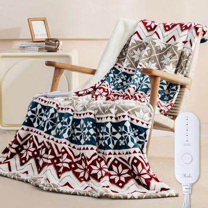 Reaks Heated Throw Blanket, 5 Heat Levels, 3 Hours Auto-Off, Red Beige