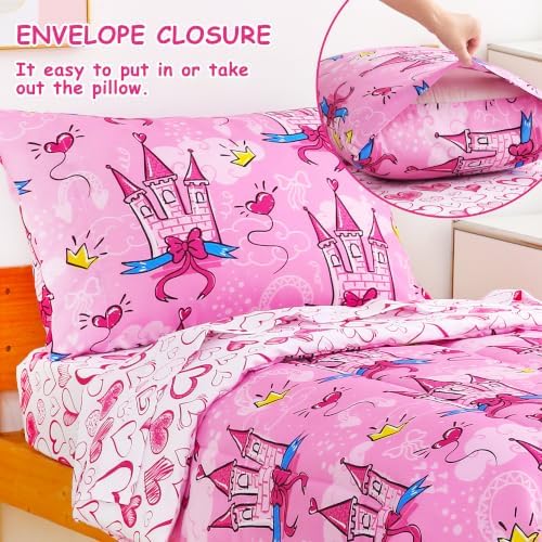 Mooreeke Toddler Bedding Sets for Girls,4 Pieces Pink Castle Love Printed