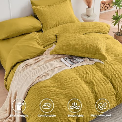 HYMOKEGE Mustard Yellow King Size Comforter Set Seersucker 7 Pieces, All Season Luxury Bed in a Bag for Bedroom, Bedding Set with Comforter, Sheets, Pillowcases & Shams