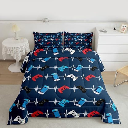 Castle Fairy Red Blue Gamer Comforter Set,Video Game Gamepad Bedding Set for Kids Girls Boys,Teens Adults Controller Comforter,Gaming Quilted Duvet Set Bedroom Collection Twin Size 2Pcs