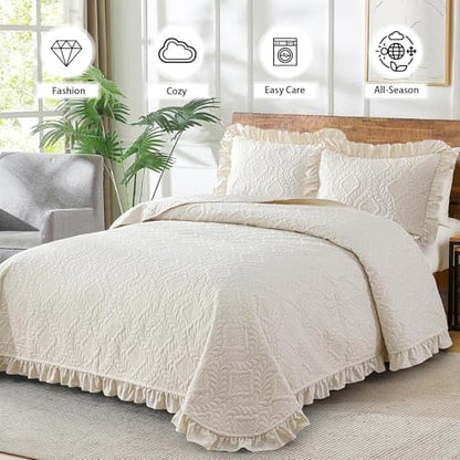 DJY Full Quilt Bedding Set Size, Ruffled Reversible Bedding Set, Beige