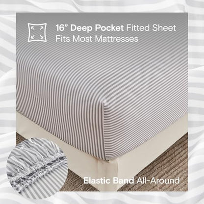 Sijo AiryWeight Tencel Sheet Set, 100% Lyocell Derived from Eucalyptus, Buttery Soft, Architectural Digest Best Cooling Sheets Winner - 3pc - 2 Pillowcases 1 Fitted (Stripe, Queen)