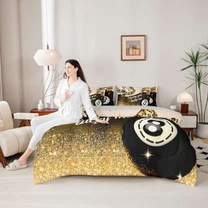 Erosebridal Y2K Lucky 8 Ball Twin Bedding Set 7 Piece for Boys Girls Preppy Fashion Leopard Bowknot Comforter Set for Kids Adults,Golden Glitter Print Bed in A Bag Funky Trendy Aesthetic Bed Set