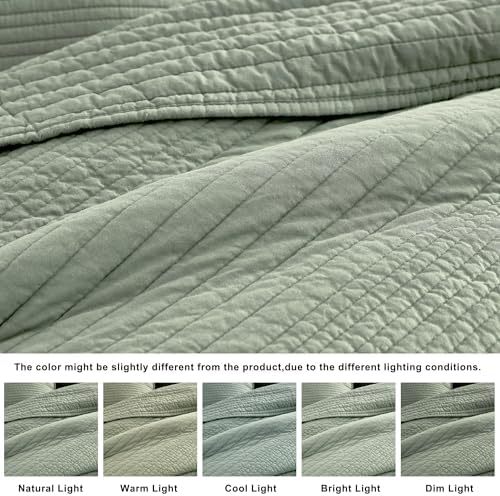 palassio Striped Sage Green 100% Cotton Quilt Queen Size Bedding Sets, Lightweight Crinkly Channel Pick Stitch Textured Bedspread Soft Shabby Chic Farmhouse Country Coverlet for All Season, 2 Shams