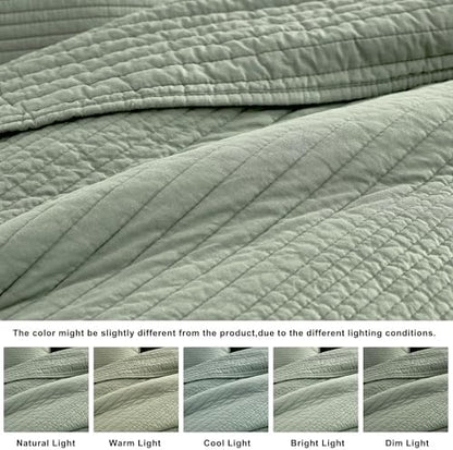 palassio Striped Sage Green 100% Cotton Quilt Queen Size Bedding Sets, Lightweight Crinkly Channel Pick Stitch Textured Bedspread Soft Shabby Chic Farmhouse Country Coverlet for All Season, 2 Shams