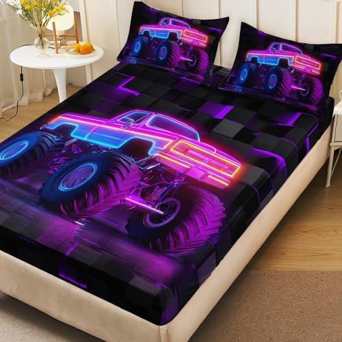 HOSIMA Boys Neon Truck Twin Fitted Sheet,1 Fitted Sheet+2 Pillowcases.