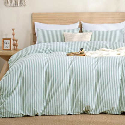 TOCOMOA Sage Green Striped Duvet Cover Set Washed Cotton Like Linen, Queen