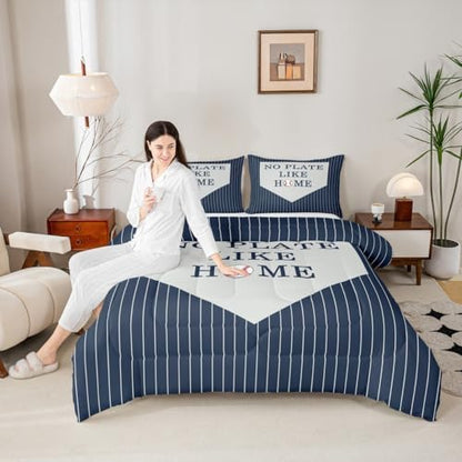 Children Sports Baseball King Size Comforter Set Kids Baseball Decor All Season Bedding Set for Boys Girls Teens Sports Theme Comforter Navy and White Decor Quilt Set Bedroom Collection 3Pcs