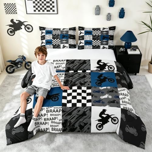 Dirt Bike Comforter Set Queen Size Black Grey Blue Motocross Rider Bedding Set Kids Boys Teens Men Bedroom Racing Themed Patchwork Grid Quilt Set Fashion Motorcycle Silhouette Duvet Insert 3pcs