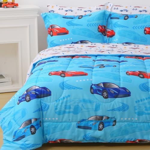Viviland Kids Full Bedding Sets, Boys Comforter, Sky Blue Sports Cars