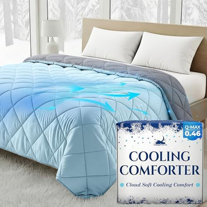 Cooling Comforter - BreezeWeave Cooling Blanket Queen Size for Hot Sleepers & Deep Rest - Cloud Soft, Breathable, Ultra Durable, Easy Care, Reversible - 90 x 90 in (Blue & Dark Grey)