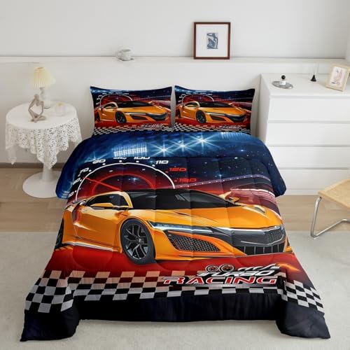 Feelyou Ombre Racing Car Bedding Set Queen Size Kids Speed Sports Car Bedding Set for Boys Girls Teens Extreme Sports Duvet Quilt Breathable Soft Lightweight Microfiber Room Decor