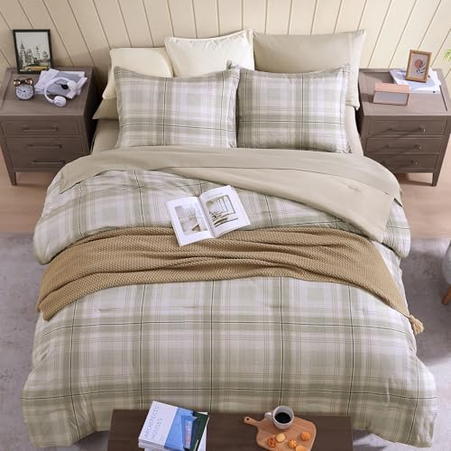 Plaid Full Size Comforter Set Khaki Green 7 Pieces Farmhouse Bed in a Bag