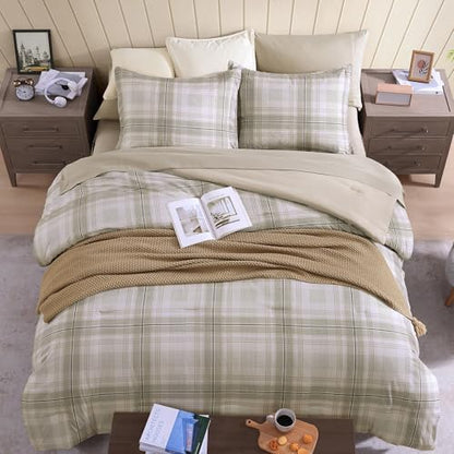 Plaid Full Size Comforter Set Khaki Green 7 Pieces Farmhouse Bed in a Bag