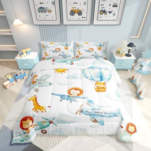 Erosebridal Cute Airplane Comforter Set Queen, Cartoon Aircraft Bedding Set, Lovely Lion Giraffe Hamster Wild Animals Comforter, White Cloud Quilt for Boys Kids Girls Teens Adults Bedroom