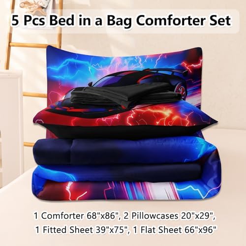 5 Pcs Twin Car Bedding Sets for Boys, Lightnings Car Twin Comforter Set for Boys Teens, Twin Boy Bedding Set with Sheets