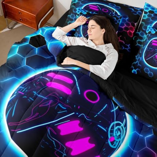 Erosebridal Bowling Games Comforter Sets with Sheets - Neon Ball Game Bedding Set Twin for Boys Girls Hexagon Honeycomb 7Pcs Bed in A Bag, Modern Geometric Bed Set