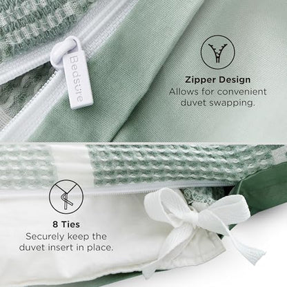 Bedsure PureWoven Boho Striped Cotton Waffle Duvet Cover Set, King, Green