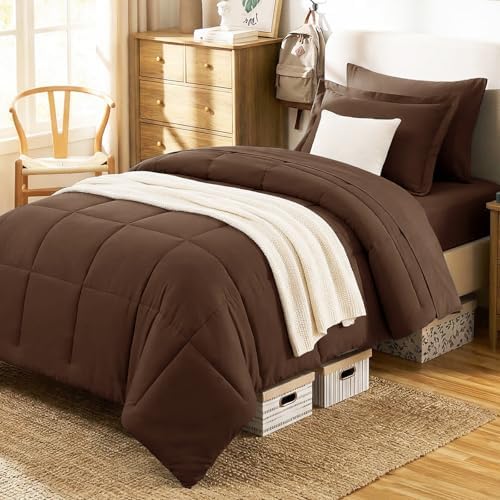 CozyLux Twin Comforter Set, 5-Piece Bed in a Bag, Brown