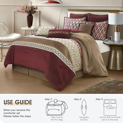 LANCO MODERN LIFESTYLE Oversized Comforter Set, Burgundy, 10 Piece Bed in a Bag for All Seasons, Luxury Extreme Comfort Bedding Sets with Bedskirt, Pillow Shams, Euro Shams and Decor Pillows