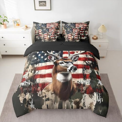 Erosebridal Rustic Deer 7 Pieces Bedding Set Twin Size,American Flag Bed in a Bag,Camouflage Animal Bed Set Includes Comforter,Sheet Set,Pillowcases & Pillow Covers,Stars Stripes Bedroom Decor