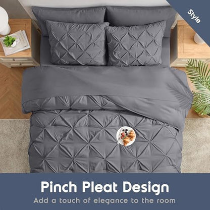 Nestl 9 Piece King Comforter Set – Dark Grey Pinch Pleated Bed in a Bag – Complete King Size Bedding Set with Sheets, Set of 2 Cooling Pillows, Pillowcases and Shams