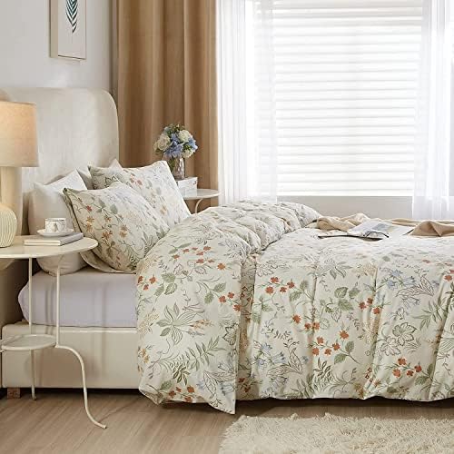 Chic Botanical Floral Duvet Cover King White Soft 100% Cotton Garden Floral Bedding Set King Vintage Style Cottagecore Comforter Cover with Zipper Closure 1 Flower Duvet Cover with 2 Pillowcases