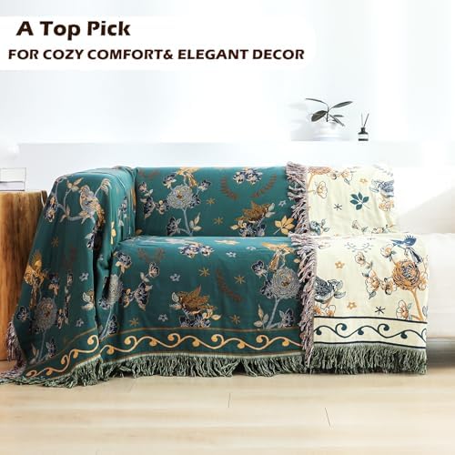 VANJOROY Boho 100% Organic Cotton Muslin Throw Blanket 50" x 60" - All Season Rustic Ultra Soft Breathable Floral Bird Blanket for Bed Sofa Couch Chair Bedspread Quilt Gift-Teal/Beige