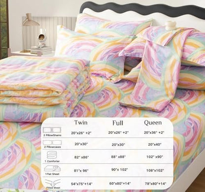 SDY 7PCS Rainbow Comforter Set Full Size Cute Printed Comforter Sets Bed in a Bag for Toddler,Girls Boys and Kids, with Comforter, Flat Sheet, Fitted Sheet and Pillowcases & Shams