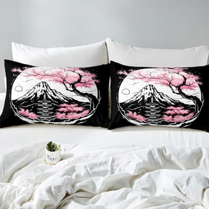 Feelyou Cherry Blossoms Duvet Cover King Size Fuji Mountain Printed Decor Bedding Set Boys Girls Japanese Style Comforter Cover Set Japanese Wave Sakura Flower Floral Bedspread Cover(No Comforter)