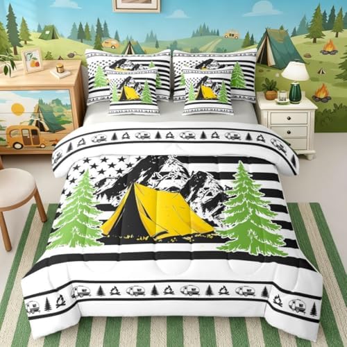 Erosebridal Happy Camping 7-Piece Bedding Set Full Size Rv Camper Boys Bed in A Bag Pine Tree Camping Car Comforter Set with Sheets for Kids Teens Men Bedroom Rustic Farmhouse Bed Sets, Black White