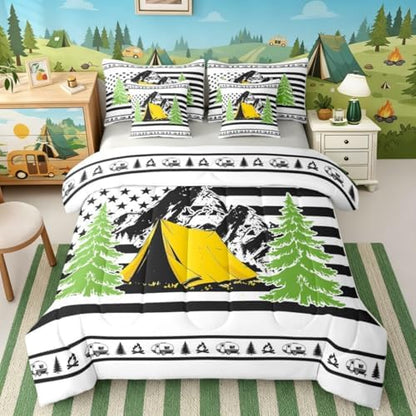Erosebridal Happy Camping 7-Piece Bedding Set Full Size Rv Camper Boys Bed in A Bag Pine Tree Camping Car Comforter Set with Sheets for Kids Teens Men Bedroom Rustic Farmhouse Bed Sets, Black White