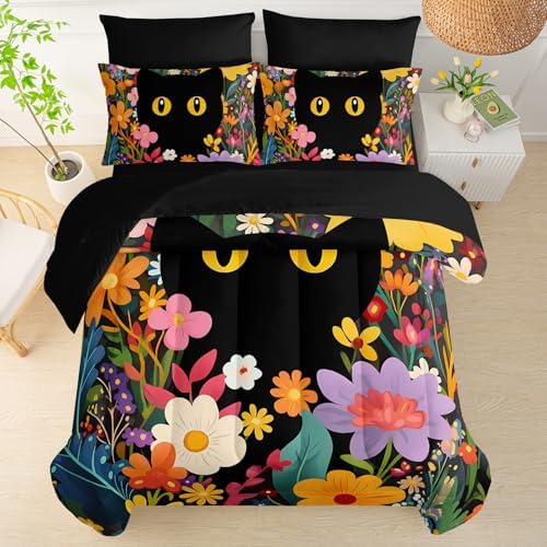QOOMO Floral Cat 7 Pieces Comforter Set King Size,Floral Cat Bedding Set