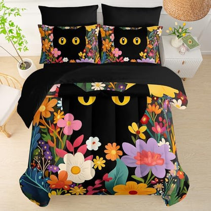 QOOMO Floral Cat 7 Pieces Comforter Set King Size,Floral Cat Bedding Set
