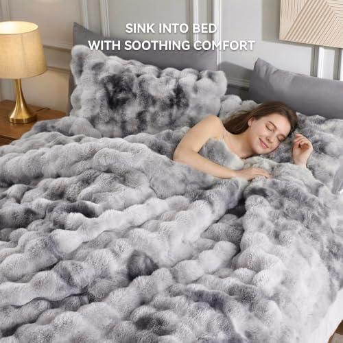 Smoofy Fluffy Faux Rabbit Fur Bubble Comforter Twin Size - Tie Dye Grey