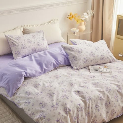 LifeTB Purple Floral Duvet Cover Twin XL Soft White 100% Cotton Chic Garden Floral Bedding Set Twin XL Aesthetic Girls Flower Comforter Cover Vintage Floral Botanical Duvet Cover with Zipper Closure