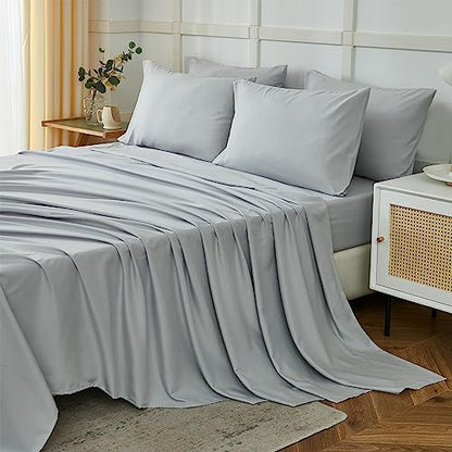ILAVANDE King Size Sheets Set 6 Piece,Hotel Luxury Super Soft 1800 Series Microfiber Grey Bed Sheets King Set-Wrinkle Free & Breathable-14 Deep Pocket Sheets for King Size Bed(King,Light Grey)
