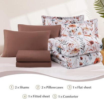 Queen Comforter Set - 7 Pieces Soft Floral Bed in a Bag Queen Bedding Sets