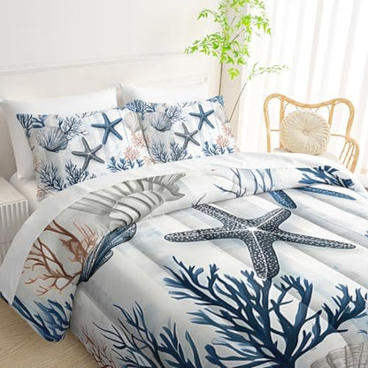 QOOMO Coastal 7 Pieces Comforter Set Queen Size,Coral Starfish Bedding Set