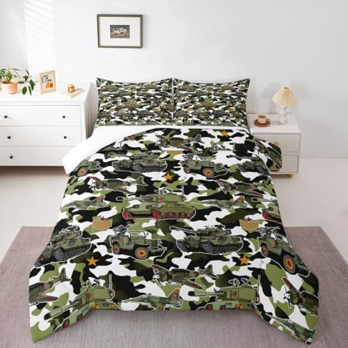 Manfei War Theme Comforter Set King Size, Army Aircraft Tanks Down Comforter with 2 Pillowcases, Retro Green Camouflage Bedding Set 3pcs for Kids Boys Teens Room Decor Lightweight Duvet Insert
