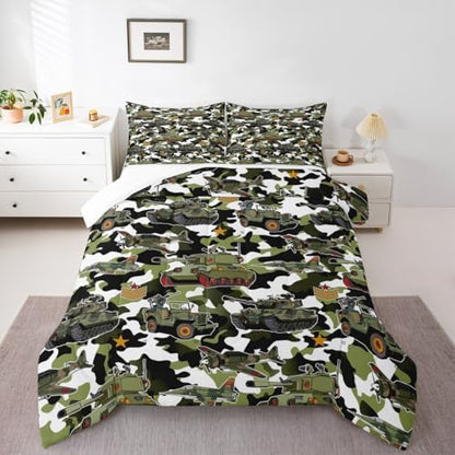 Manfei War Theme Comforter Set Full Size, Army Aircraft Tanks Down Comforter with 2 Pillowcases, Retro Green Camouflage Bedding Set 3pcs for Kids Boys Teens Room Decor Lightweight Duvet Insert
