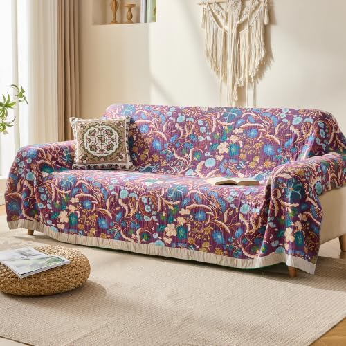 VANJOROY Boho Throw Blanket, 100% Organic Cotton Breathable Ultra Soft 91" x 108" King Bed Quilt Throw - All Season Floral Rustic Farmhouse Luxury Blanket for Sofa Couch Chair and Gift