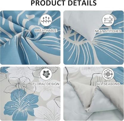 Luxudecor Floral Comforter Set Full Size, Blue Floral Comforter and Sheet Set, 7 Pieces Bed in a Bag Soft Microfiber Complete Bedding Sets for All Seasons 80"×90"