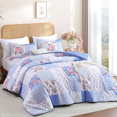 YIKUSH Blue Floral Full Comforter Set, Soft Lightweight All Season Bedding Set for Women Girls, Cozy Cottagecore Botanical Comforter Full Size with 2 Pillow Shams, Breathable Floral Bed Set