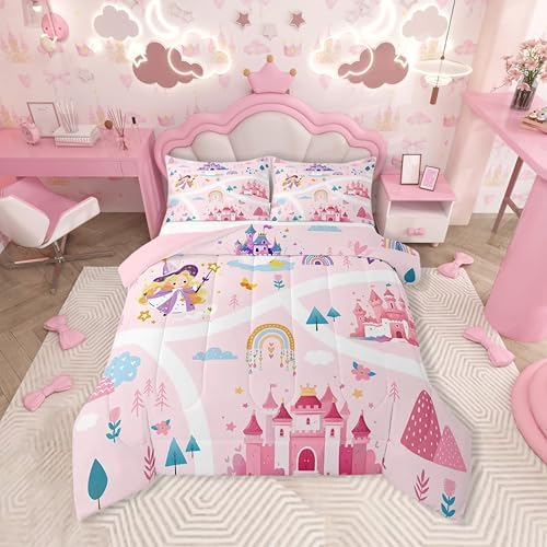 Feelyou Kids Princess Duvet Insert Full Size, Girls Dreamy Magic Castle Comforter Set Boys Girls for Cartoon Rainbow Bedding Set Fairytale Teens Bedroom Decor with 2 Pillow Case
